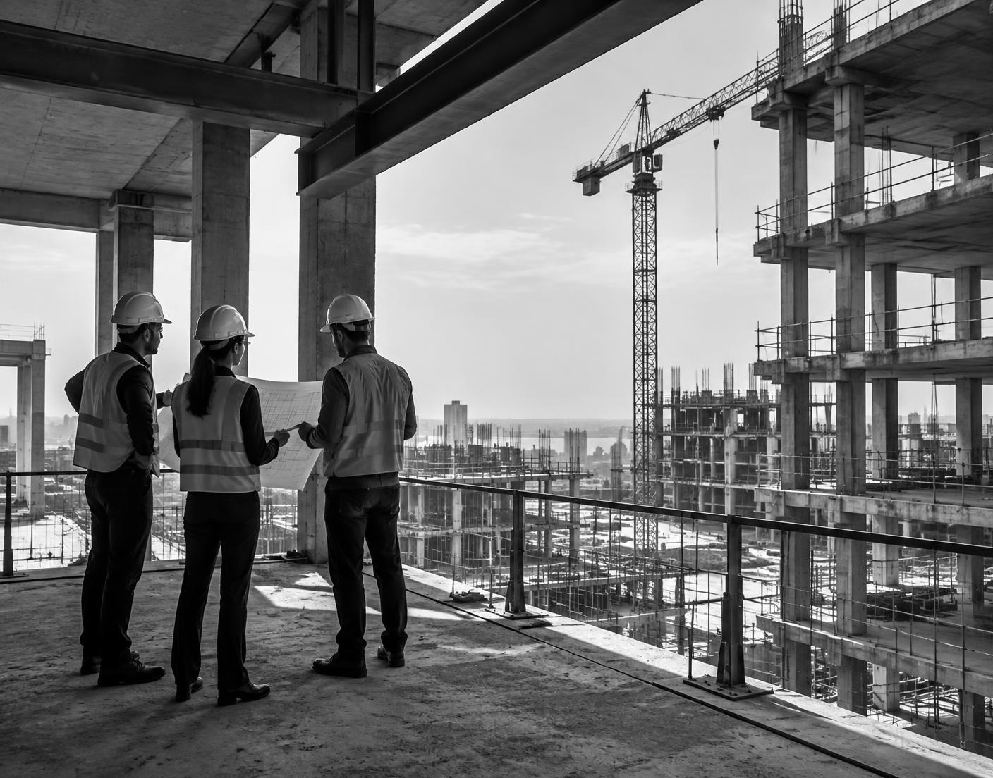 Equipo de ingeniería revisando planos estructurales en obra